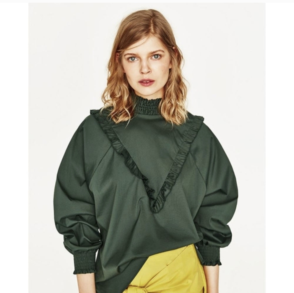 ZARA Green Ruffled And Smocked Blouse